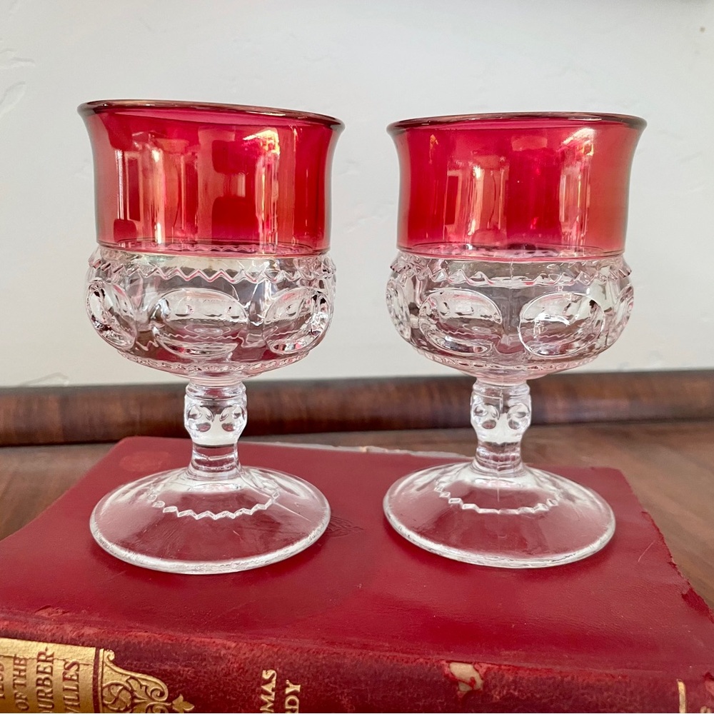 Pair of Vintage Ruby Flashed‎ Thumbprint Cocktail Goblets